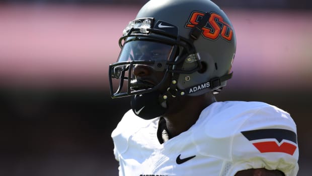 Sept 24, 2011; Houston, TX, USA; Oklahoma State Cowboys wide receiver Justin Blackmon (81) looks across the field at the play call against the Texas A&M Aggies during the first quarter at Kyle Field. Mandatory Credit: Thomas Campbell-US Presswire